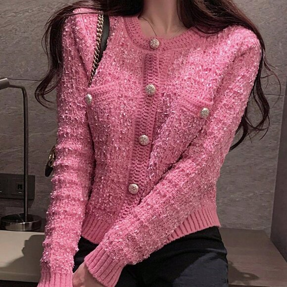 Pink Casual Women's Double Pocket Crew Neck Cardigan Tops - Picture 5 of 5